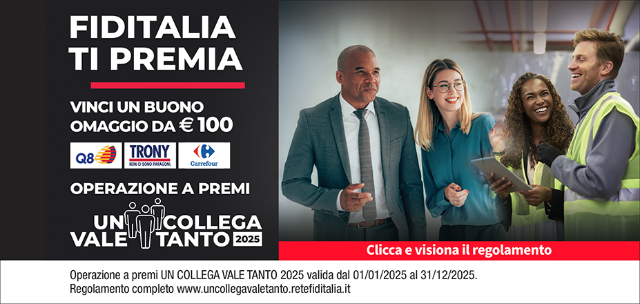 Agenzia Bogliacino Andrea Fiditalia | Savona, Alessandria | Fiditalia ti premia - Vinci un buono omaggio da €100. Operazione a premi. Clicca e visiona il regolamento. Operazione a premi UN COLLEGA VALE TANTO 2025 valida dal 01/01/2025 al 31/12/2025. Regolamento completo www.uncollegavaletanto.retefiditalia.it