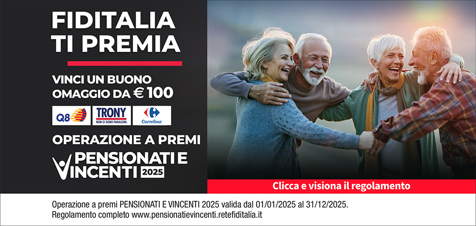 Agenzia Bogliacino Andrea Fiditalia | Savona, Alessandria | Fiditalia ti premia - Vicni un omaggio da €100. Operazione a premi. Clicca e visiona il regolamento. Operazione a premi PENSIONATI E VINCENTI 2025 valida dal 01/01/2025 al 31/12/2025. Regolamento completo www.pensionatievincenti.retefiditalia.it
